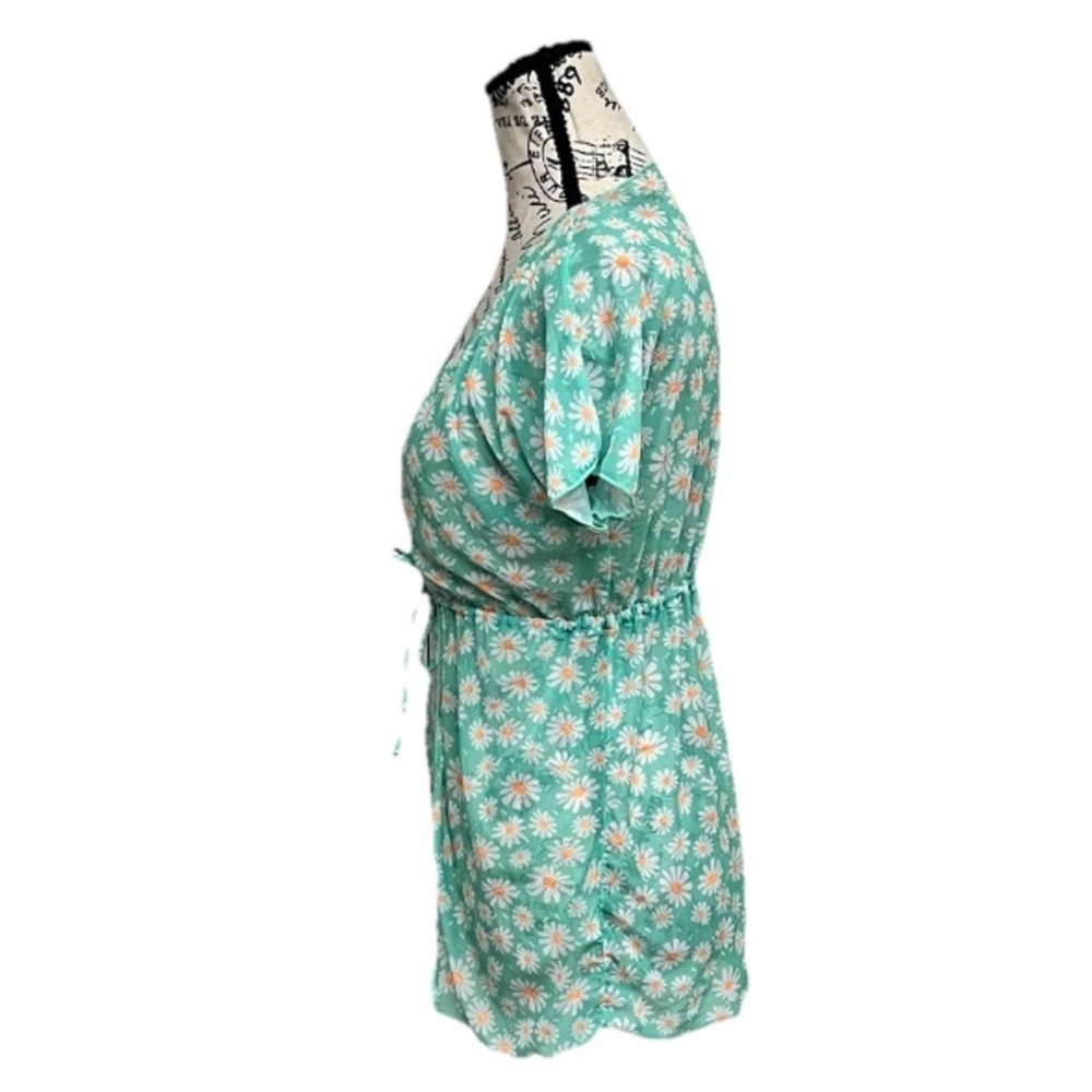 Retro Daisy Mesh Sheer Tie-Front Cardigan XS Green Floral Short Sleeve 70s 80s - Picture 3 of 7